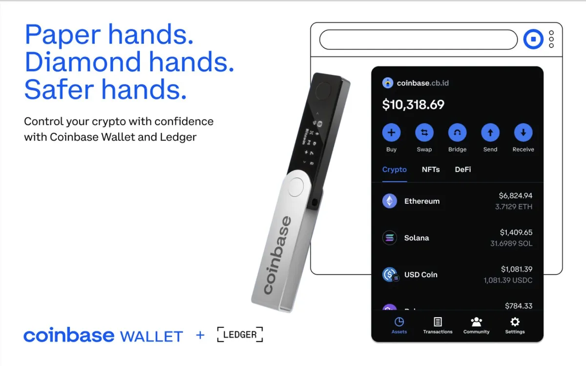 Ledger를 연결한 Coinbase Wallet: 구매, 스왑, 브리지, 보내기, 받기.