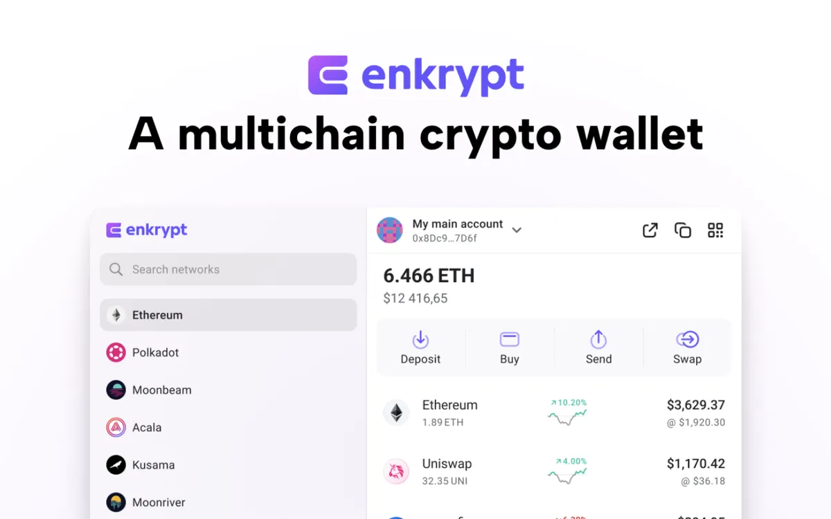 왼쪽에 네트워크가 있고 입금, 구매, 보내기, 스왑이 있는 Enkrypt 기본 화면.