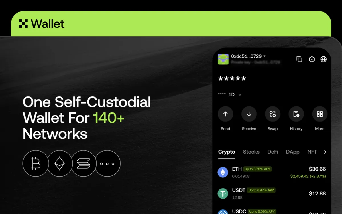 보내기, 받기, 스왑, 내역이 있는 OKX Wallet 기본 화면.